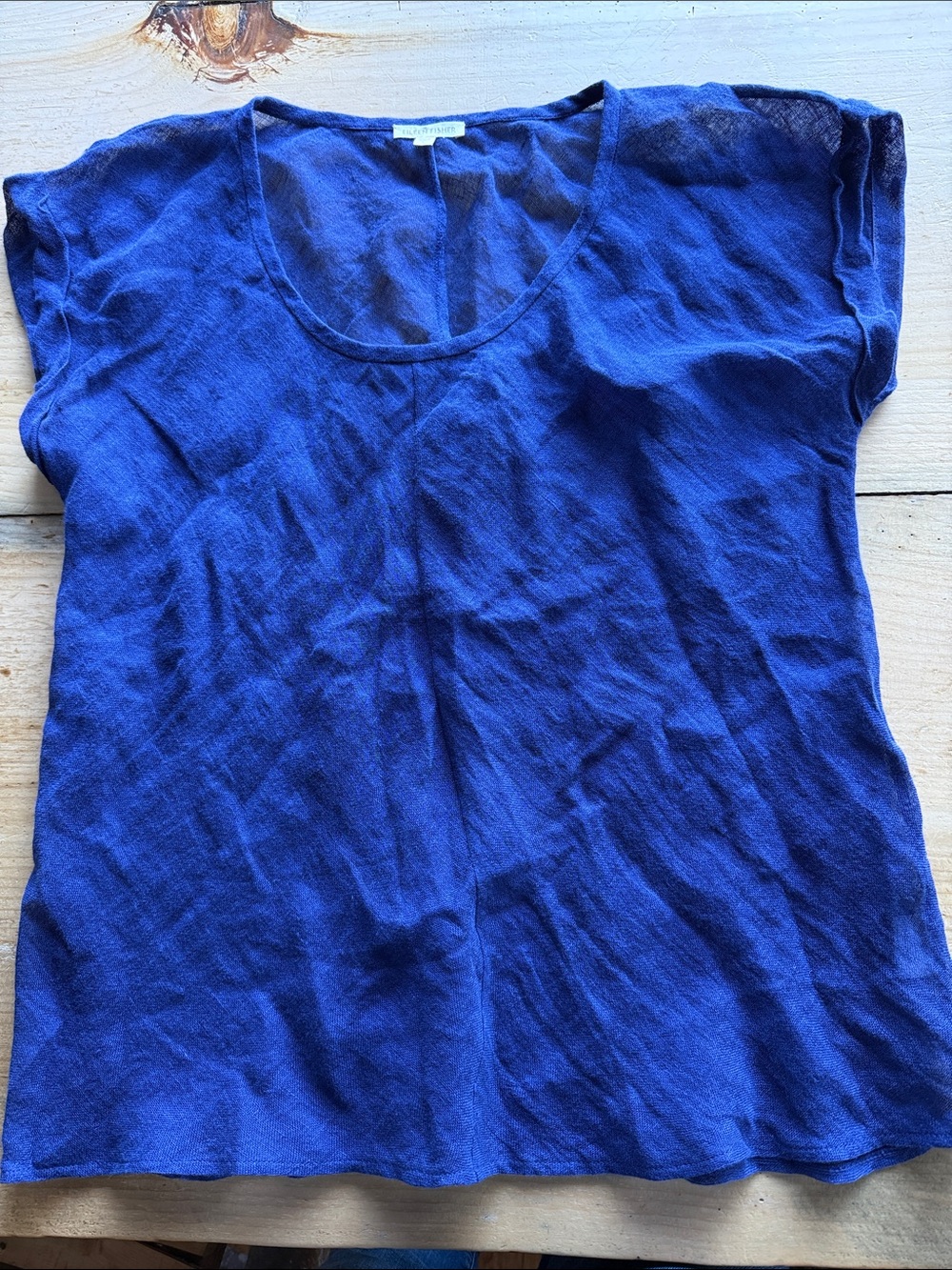 Eileen Fisher Sheer Linen Cap Sleeve Scoop Neck Top Cobalt Blue Boxy Sz L